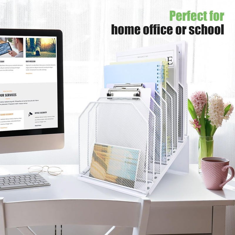 SUMMORE Inclined File Organizer for Desk, 7-Tier Vertical File Folder Holder Office Desk Organizer Metal Rack File Wire Mesh Desktop Document Sorter for Office School Classroom Home (White) - Image 2